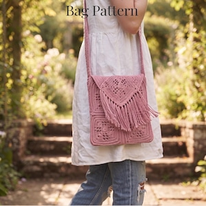 May include: A dusty pink crochet bag featuring a square motif pattern, a triangular flap, and long fringe detailing. The bag has a long shoulder strap. The text Crochet Boho Bag Pattern and Instant PDF Download is visible on the image.