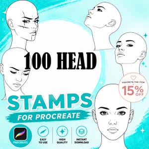 May include: A digital collection of 100 head stamps for Procreate featuring various line art illustrations of human heads in different angles and expressions, set against a light blue background with text reading 100 HEAD STAMPS FOR PROCREATE.