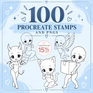 Puede incluir: Una colección digital de 100 sellos Procreate y archivos PNG con arte lineal en blanco y negro de cinco personajes estilo chibi. Los personajes incluyen un demonio, una sirena, un ángel, una figura con orejas de gato y un personaje cargando una caja.