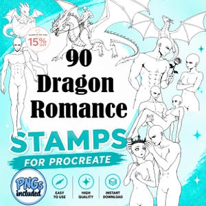 May include: A digital collection of 90 black and white line art stamps for Procreate featuring figures in various poses with dragons. The text reads 90 Dragon Romance STAMPS FOR PROCREATE, PNGs included, easy to use, high quality, and instant download.