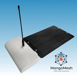 May include: A white base unit with a long, thin black antenna extending upward, attached to a rectangular black textured solar panel. The logo for MangoMesh Off-Grid Comms is visible in the lower right corner, featuring a geometric network icon.
