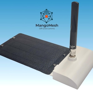 May include: A white base unit with a black vertical antenna labeled ALFA 915 and a rectangular black solar panel attached. Above the device, the MangoMesh Off-Grid Comms logo is visible, featuring a geometric network icon with a central orange dot.