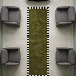 Hand Tufted Olive Wool Runner | Black & White Striped Border, Modern Minimalist Carpet