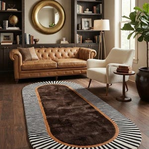 Hand Tufted Dark Brown Rug Runner | Geometric Striped Border, Modern Capsule Floor Covering