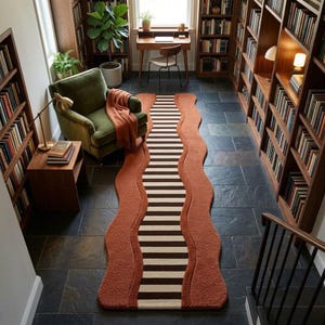 Hand Tufted Wavy Terracotta Runner Rug, Rust Orange Striped Hallway Carpet (Mid Century)