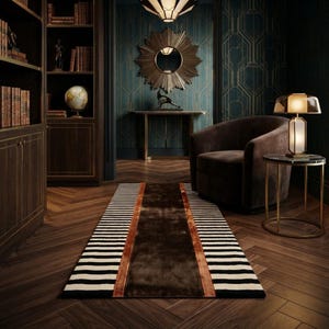 Hand Tufted Geometric Runner Rug, Brown Rust Striped Accent Carpet