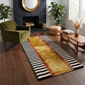Hand Tufted Striped Table Runner, Velvet Accent, Black Cream Geometric Decor