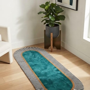 Hand Tufted Teal Blue Geometric Runner Rug: Striped Border, Soft Plush Texture