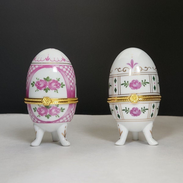 Vintage Egg Trinket Box Porcelain Faberge Footed with Hinged Lid Set of 2 Eggs Trinket Ring Keepsake Egg Pink Rose