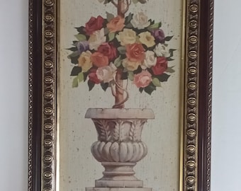 Vintage Topiary of Roses Print in a Maroon and Gold Gilt Solid Wood Frame Wall Decor