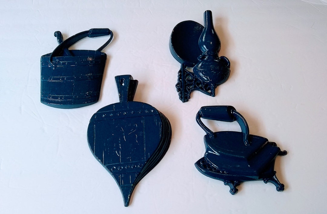 Vintage Hoda Sexton Cast Metal Kitchen Wal Decor Wall Plaques Royal Blue Wall Hangings Set Of 4