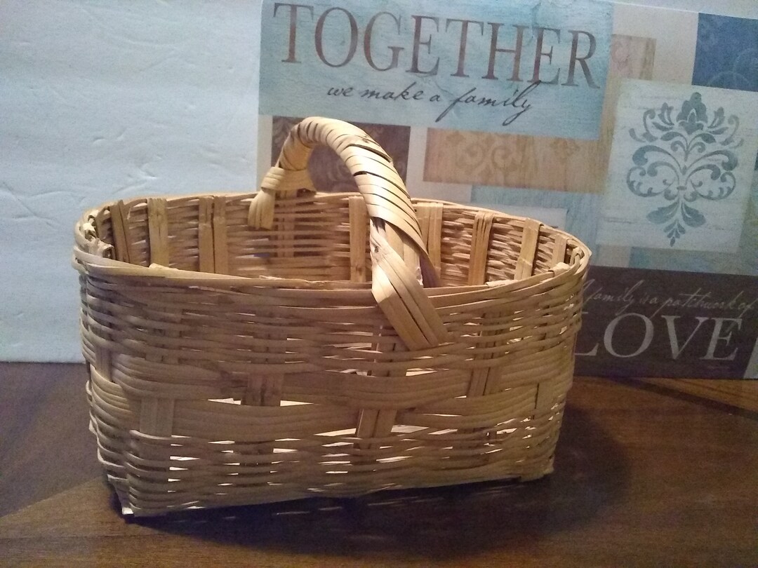 Vintage Bamboo Basket With a Single Low Handle Flower, Vegetable