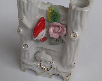 Vintage Chicken and Pick Rose Double Bud Vase Little Hen House with Hen/Chicken Looking at a Little Chick/Doodle Below