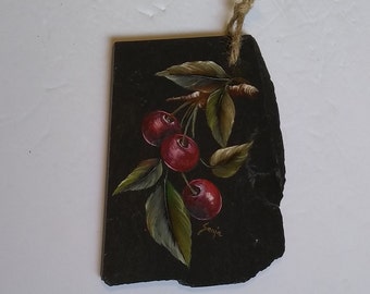 Vintage Fruit Cherries Slate Hand Painted Folk Art Farmhouse Wall Hanging Kitchen Decor Cherries Slate Wall Hanging 7 x 4 3/4 inches