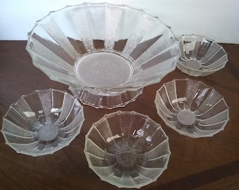 Vintage Bowl Set Jeannette Glass Crystal Dewdrop Large Glass Bowl, Base and 4 Small Bowls with Clear and Beaded Panels Set of 6 1940's