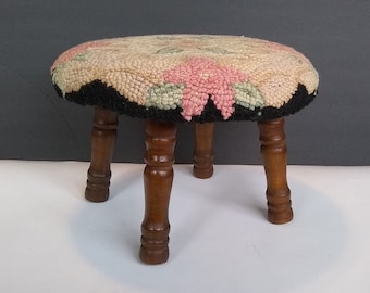 Vintage Stool French Country Round Needlepoint Footstool with Wood Legs 1950's