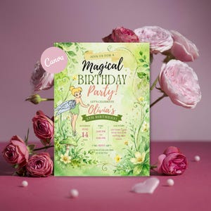 Tinkerbell Fairy Birthday Invitation, Brunette Fairy Party Invite, Peter Pan Birthday, Editable Canva Template, Digital Download