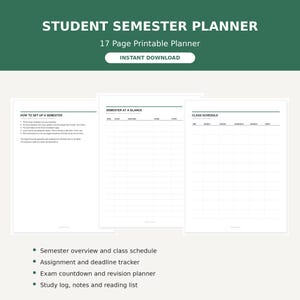 Student Semester Planner Printable, Assignment Deadline Tracker, Exam Revision, Grade Tracker, Undated PDF Download