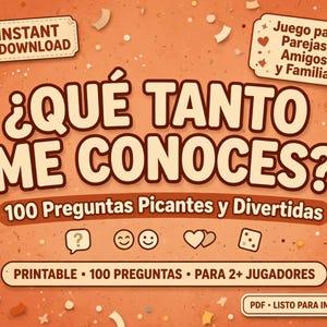 Puede incluir: Una tarjeta de juego digital con fondo naranja y confeti. El texto dice: INSTANT DOWNLOAD, JUEGO PARA PAREJAS, AMIGOS Y FAMILIA, ¿QUÉ TANTO ME CONOCES?, 100 PREGUNTAS PICANTES Y DIVERTIDAS, PRINTABLE, 100 PREGUNTAS, PARA 2+ JUGADORES, PDF, LISTO PARA IMPRIMIR.