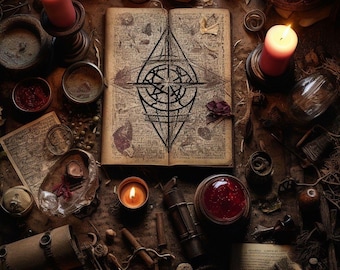Könnte beinhalten: Ein aufgeschlagenes Buch mit einem geometrischen Rauten- und Kreissymbol auf der Seite, umgeben von brennenden rosa und orangefarbenen Kerzen, kleinen Schalen, Schriftrollen, einer roten Flüssigkeit in einem Glasbehälter und getrockneten Pflanzenteilen.