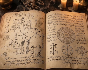 May include: An open, aged book with yellowed pages featuring handwritten Arabic script and intricate black ink illustrations of geometric symbols, star-shaped diagrams, and grid-like patterns. The book is displayed on a dark wooden surface.