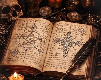 Può includere: Un libro antico aperto con pagine ingiallite che mostrano pentagrammi e simboli geometrici disegnati a mano con inchiostro nero. Una piuma scura poggia sulle pagine. La scena include un teschio umano, candele accese e un ciondolo a pentagramma.