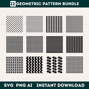 Puede incluir: Una colección digital titulada 12 GEOMETRIC PATTERN BUNDLE que presenta doce diseños gráficos distintos en blanco y negro. Los patrones incluyen líneas diagonales, rayas horizontales, triángulos, puntos, rejillas, ondas y formas de chevrón.