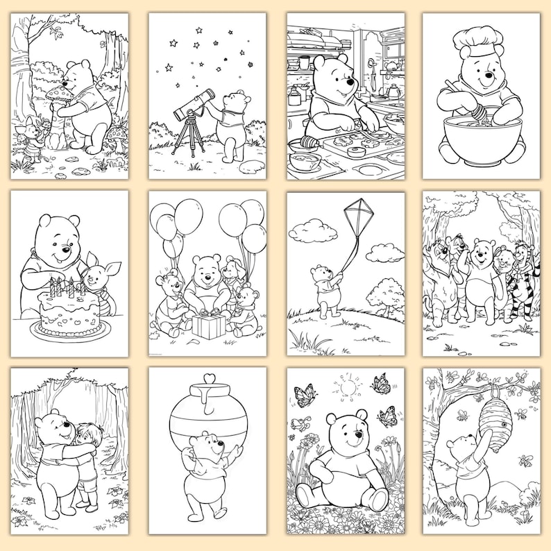 Winnie the Pooh Coloring Book, 100 Printable Kids Activity Pages, Bear Coloring, 8.5 x 11" PDF
