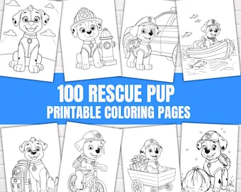 May include: A collection of 100 rescue pup printable coloring pages featuring black and white line art illustrations of cartoon dogs in various scenarios, including riding a bicycle, sitting in a boat, and pulling a wagon with gifts.