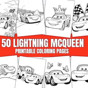 May include: A collection of 50 Lightning McQueen printable coloring pages featuring various black and white line art illustrations of the character in racing scenes, wearing a crown, with trophies, and alongside other vehicles like Mater.