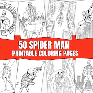 Może przedstawiać: Kolekcja 50 kolorowanek do druku z motywem Spider-Mana, zawierająca czarno-białe ilustracje liniowe postaci w różnych pozach, w tym strzelanie pajęczyną, kucanie na budynkach oraz stanie na tle miejskich panoram.