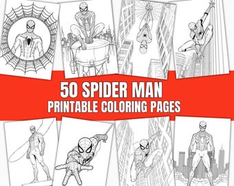 May include: A collection of 50 Spider-Man printable coloring pages featuring black and white line art illustrations of the character in various poses, including web-slinging, crouching on buildings, and standing against city skylines.