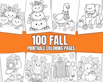 May include: A collection of 100 fall printable coloring pages featuring black and white line art illustrations of pumpkins, a goose with a scarf, a bear in a chair, a mailbox, an owl, a knit sweater, and a rabbit surrounded by autumn leaves.
