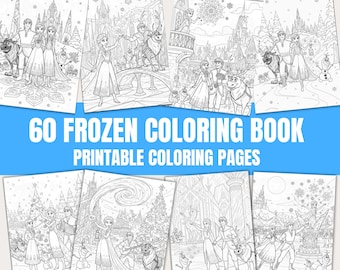 May include: A collection of 60 printable coloring pages featuring black and white line art illustrations of characters from Frozen, including Elsa, Anna, Kristoff, Sven, and Olaf in various winter settings with castles, trees, and snowflakes.