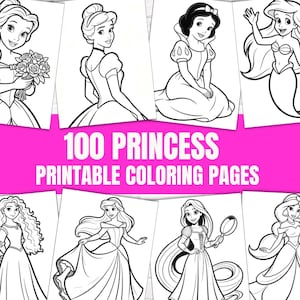 May include: A collection of 100 princess printable coloring pages featuring black and white line art illustrations of various animated characters in gowns and dresses, with the text 100 PRINCESS PRINTABLE COLORING PAGES displayed in white.