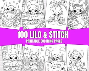May include: A collection of 100 printable coloring pages featuring black and white line art illustrations of the character Stitch in various settings, including cooking, playing outdoors, and holding flowers, with the text 100 LILO & STITCH.