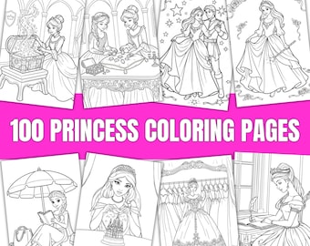 May include: A collection of 100 princess coloring pages featuring black and white line art illustrations of princesses in various settings, including a treasure chest, a ballroom dance, a magic wand, a parasol, and a clothing rack with gowns.