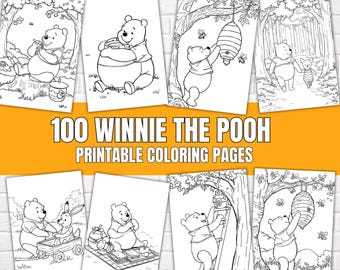 May include: A collection of 100 Winnie the Pooh printable coloring pages featuring black and white line art illustrations of the character in various scenes, including interacting with a beehive, a wagon, and friends, with the text 100 WINNIE THE POOH.