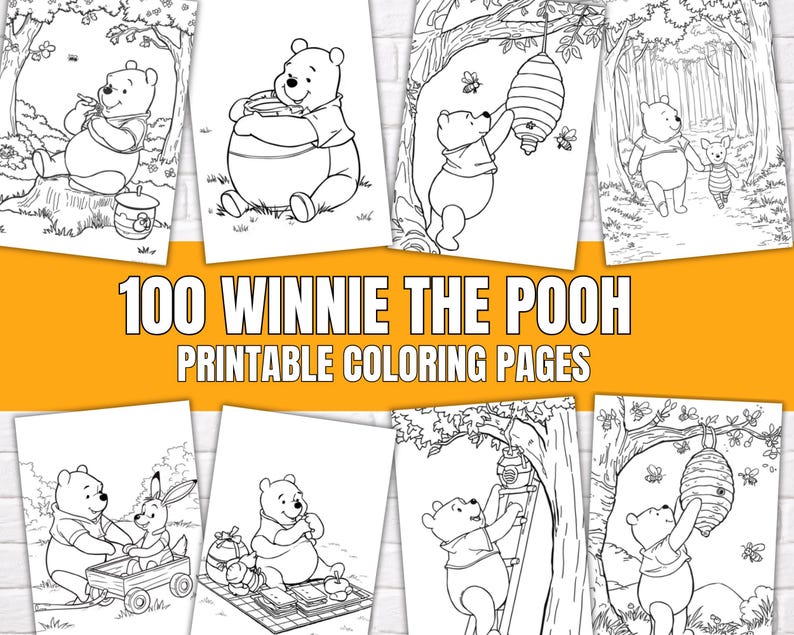 Winnie the Pooh Coloring Book, 100 Printable Kids Activity Pages, Bear Coloring, 8.5 x 11" PDF