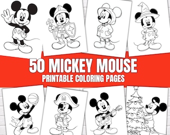 May include: A collection of 50 Mickey Mouse printable coloring pages featuring black and white line art illustrations of the character in various outfits and activities, including a knight, a pirate, a musician, and a holiday scene with a tree.
