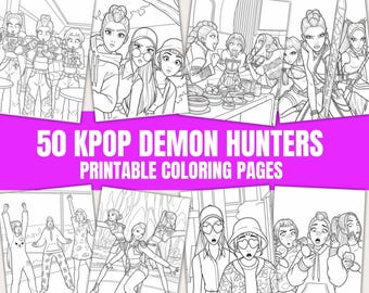 50 páginas para colorear de cazadores de demonios de Kpop / Libro para colorear digital / Fans de Huntrix / Fan art de Kpop / Saja Boys Girls / Actividad de cumpleaños para niños