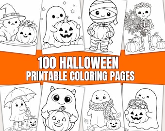 May include: A collection of 100 Halloween printable coloring pages featuring black and white line art illustrations of ghosts, pumpkins, a cat in a witch hat, a mummy, and a skeleton holding flowers, with the text 100 HALLOWEEN PRINTABLE COLORING PAGES.