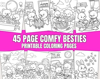 May include: A collection of 45 printable coloring pages titled 45 PAGE COMFY BESTIES PRINTABLE COLORING PAGES. The black and white line art features various animals including bears, rabbits, and ducks engaged in daily activities like shopping, laundry, and picnicking.