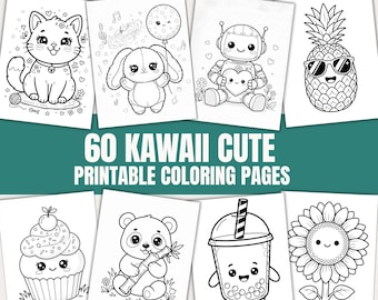 May include: A collection of 60 kawaii cute printable coloring pages featuring black and white line art illustrations of a cat, a rabbit with a balloon, a robot, a pineapple with sunglasses, a cupcake, a panda, a bubble tea, and a sunflower.