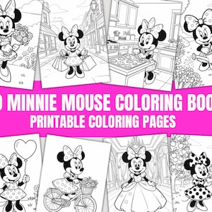 May include: A digital collection of 50 Minnie Mouse coloring book printable coloring pages featuring black and white line art illustrations of the character in various settings including a garden, a kitchen, and riding a bicycle with text.