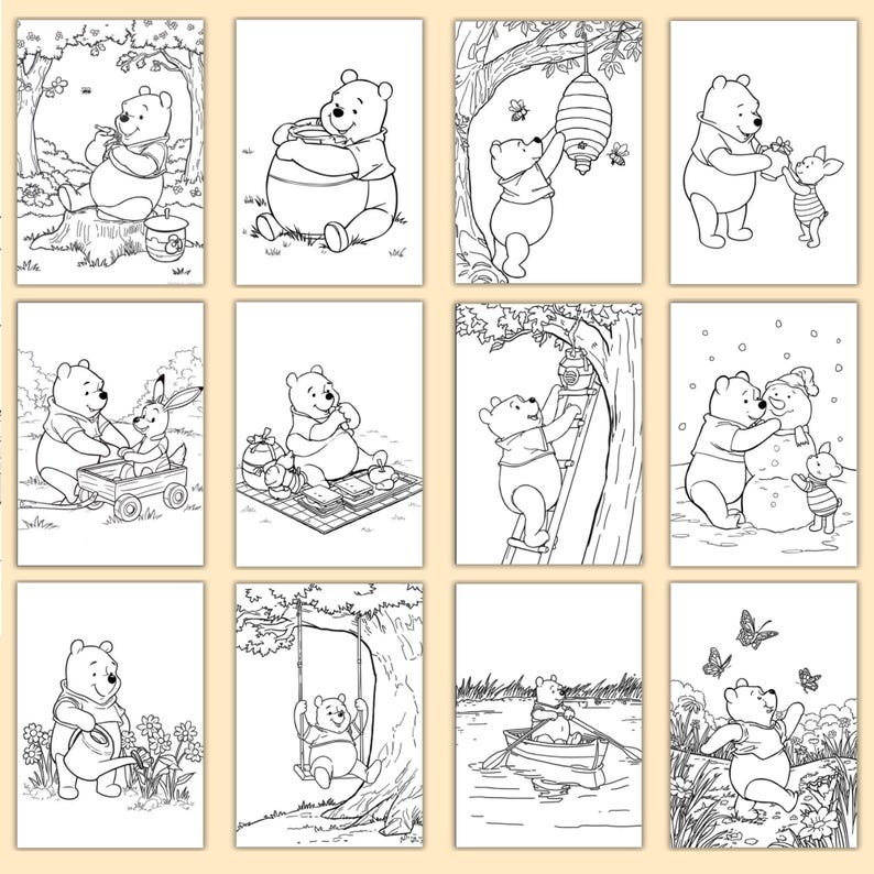 Winnie the Pooh Coloring Book, 100 Printable Kids Activity Pages, Bear Coloring, 8.5 x 11" PDF