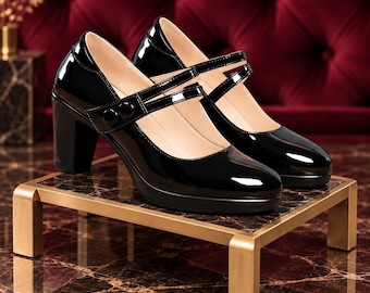 Zwarte lakleren platform Mary Janes, pumps met dubbele bandjes en blokhak voor dames