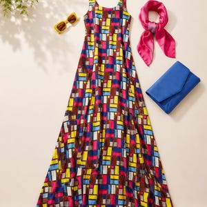 Abito lungo con stampa geometrica, prendisole patchwork colorato, abito da spiaggia boho senza maniche con tasche