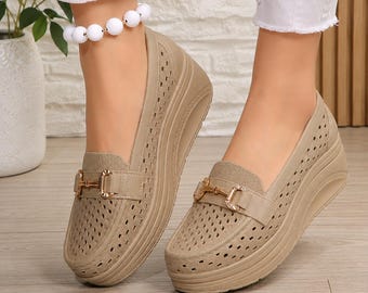 Mocasines de cuña con plataforma para mujer, transpirables, sin cordones, cómodos para caminar.