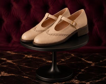 Mary-Jane-Schuhe aus veganem Leder, T-Riemen-Brogue im Vintage-Stil für Damen